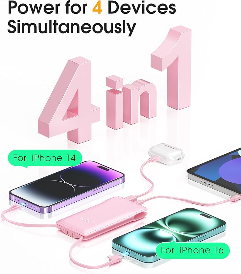 TG90° 2 Pack Slim 10000mAh Power Bank Built-in Foldable AC Wall Plug and Cables,Ultra Compact Cell Phone Charger,Pocket Size USB C Portable Charger Compatible with iPhone Samsung,Black & Pink