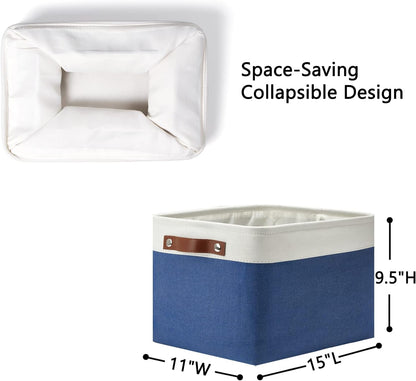 DULLEMELO Fabric Storage Basket for Closets,15x11x9.5 inch Foldable Storage Basket Bin with Handles for Office, Closet,Bedroom (White&Blue,1 Pack)