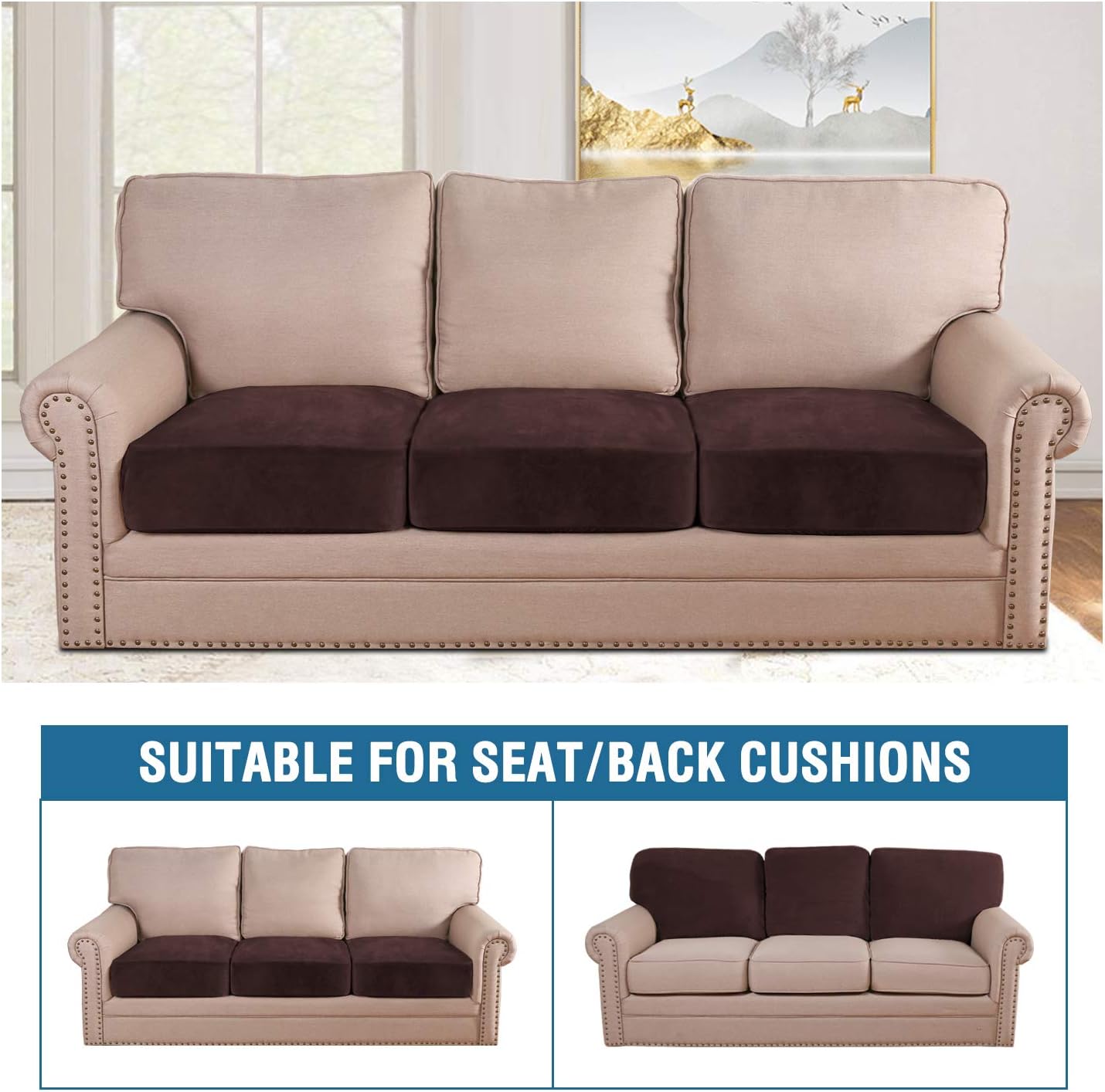 H.VERSAILTEX Velvet Stretch Couch Cushion Cover Plush Cushion Slipcover for Chair Loveseat Sofa Cushion Furniture Protector Seat Cushion Sofa Cover (3 Piece Sofa Cushion Covers, Brown)