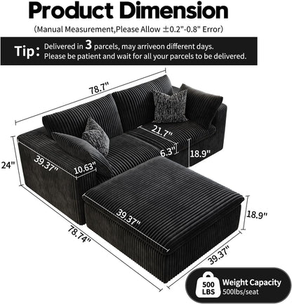 LoveSeat Cloud Couch Modular Sectional Sofa for Living Room,Modern Sofa with Deep Seat，2 Seater Boneless Couch with Ottoman,Comfy Upholstered Couches for Apartment, Studio, Office,Bedroom，Black
