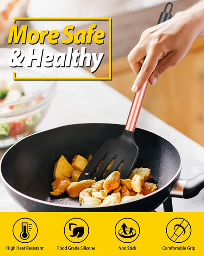 Pack of 2 Silicone Solid Turner, Non Stick Slotted Kitchen Spatulas, High Heat Resistant BPA Free Cooking Utensils, Ideal Cookware for Fish, Eggs, Pancakes(Rose Gold Black)