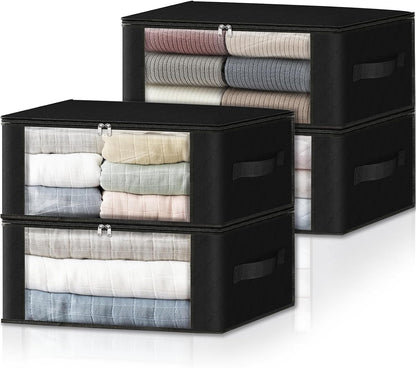 HomeHacks Storage 4-Pack Clothes Organizer Storage Bags Foldable Storage Box with Large Clear Window Sturdy Handles for Closet, Dorm, Pillows, Bedding, Clothes, Blankets, 35L, Black