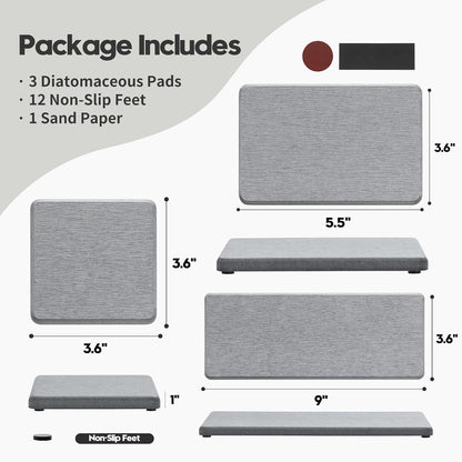 3PCS Bathroom Sink Vanity Trays, Quick Stone Drying Mat Dish Soap Dispenser Sponge Holder for Kitchen Counter, Diatomaceous Earth Water Absorbing Caddy Organizer, Light Grey