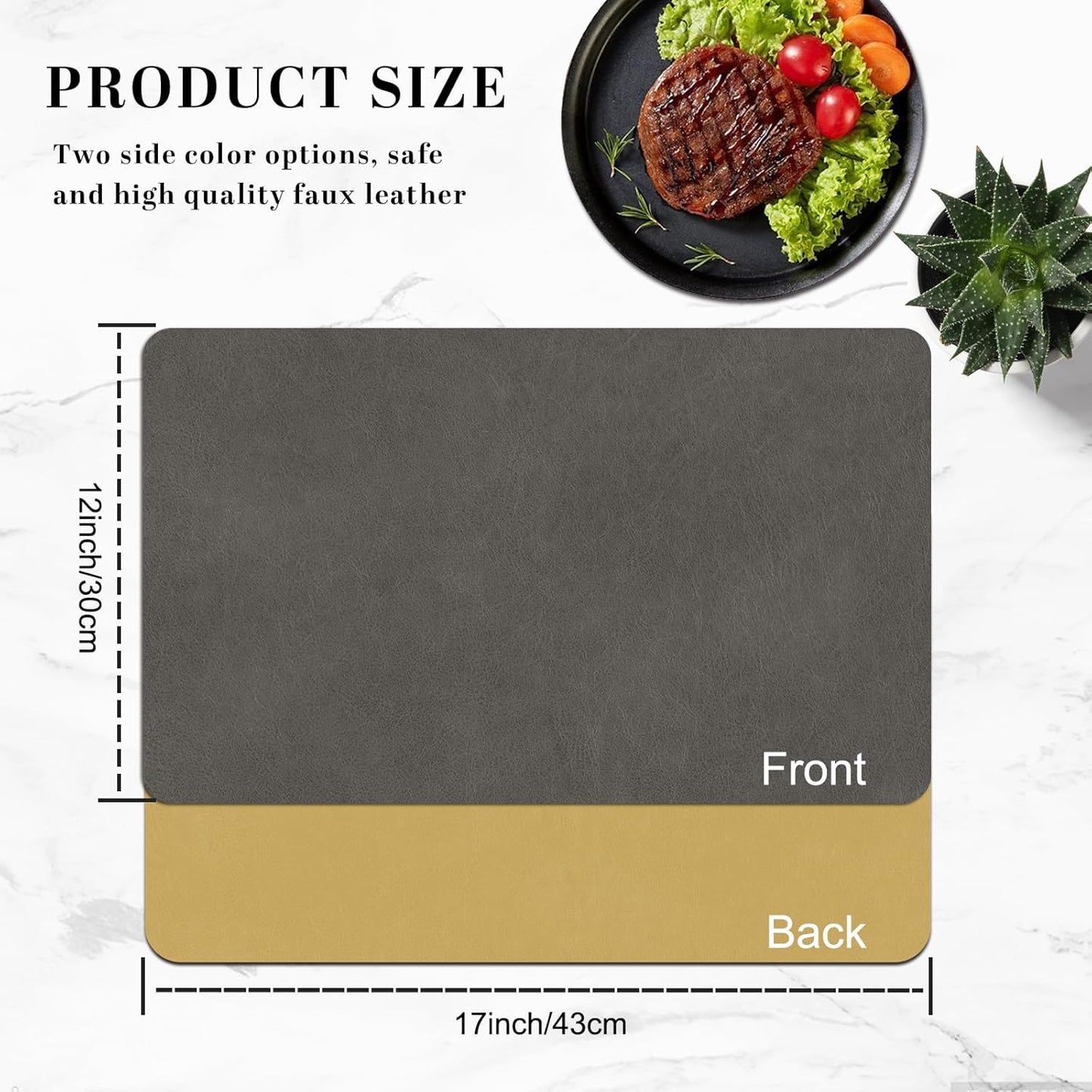 BLESWIN Faux Leather Placemats, PU Dining Table, Waterproof and Oil Resistant Easy to Clean, Heat Resistant Reversible Use Table Mats for Kitchen, Dining Table, Outdoor – 12 × 17 Inch, Mud&Dark Yellow