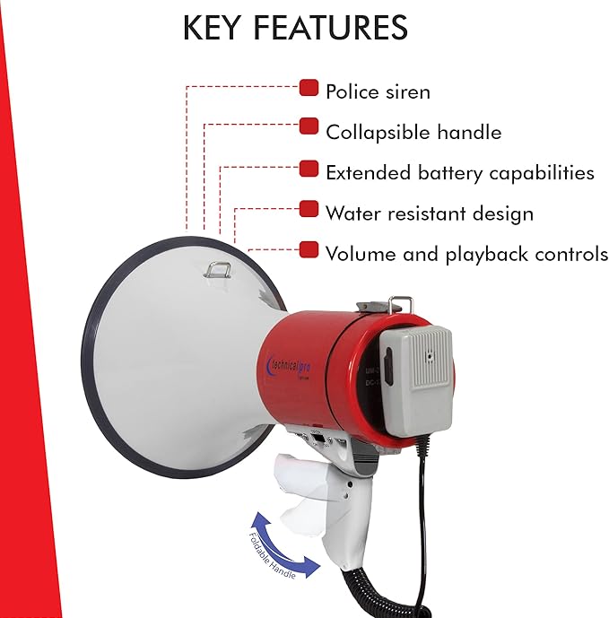 Technical Pro Portable 75-Watts 800M-1000M Range Megaphone Bullhorn Speaker with Strap, Siren, & Volume Control, Good for Trainers, Camping, Coaches, Cheer Leaders