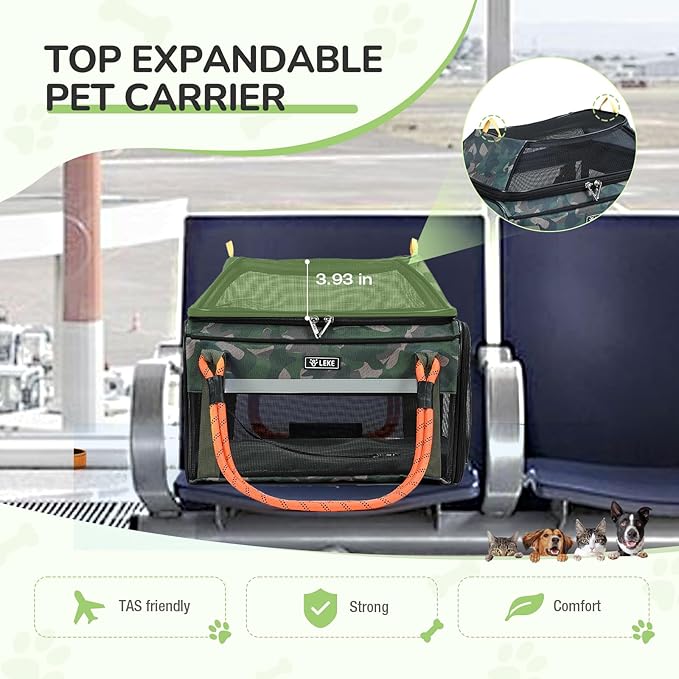 Lekereise Top Expandable Dog Carrier TSA Airline Approved Soft Sided Pet Underseat Up to 12lbs Travel Carriers for Small Cats and Dogs with Convertable Dog Leash and Anti-Scratch Mesh