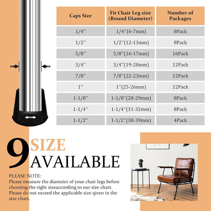 1/2" Round Rubber Chair Leg Tips Caps, 8 Pack Extra Small Chair Leg Floor Protectors Small Furniture Legs Caps Non Slip Reduce Noise for Hardwood Floors (Black, Fit: 12mm to 13mm)
