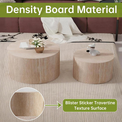 Round Nesting Coffee Table Modern Travertine Coffee Table Set of 2 for Living Room Circle Drum Coffee Tables Round Nesting Tables for Small Spaces (Travertine 26in)