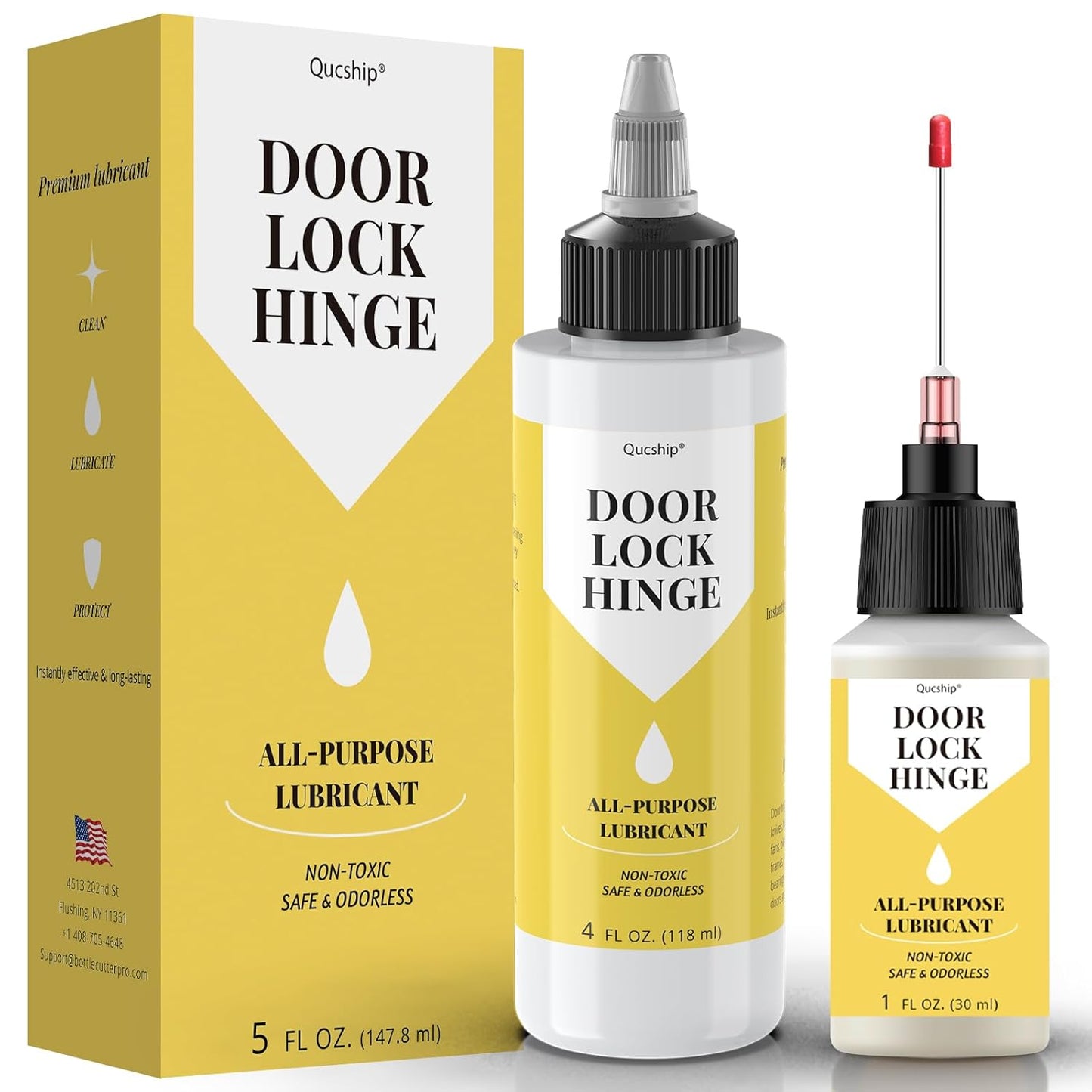 Qucship Upgraded Squeaky Hinge & Lock Lubricant Kit - 4 oz + 1 oz Needle Combo, Long-Lasting for Doors, Tools, Bicycles