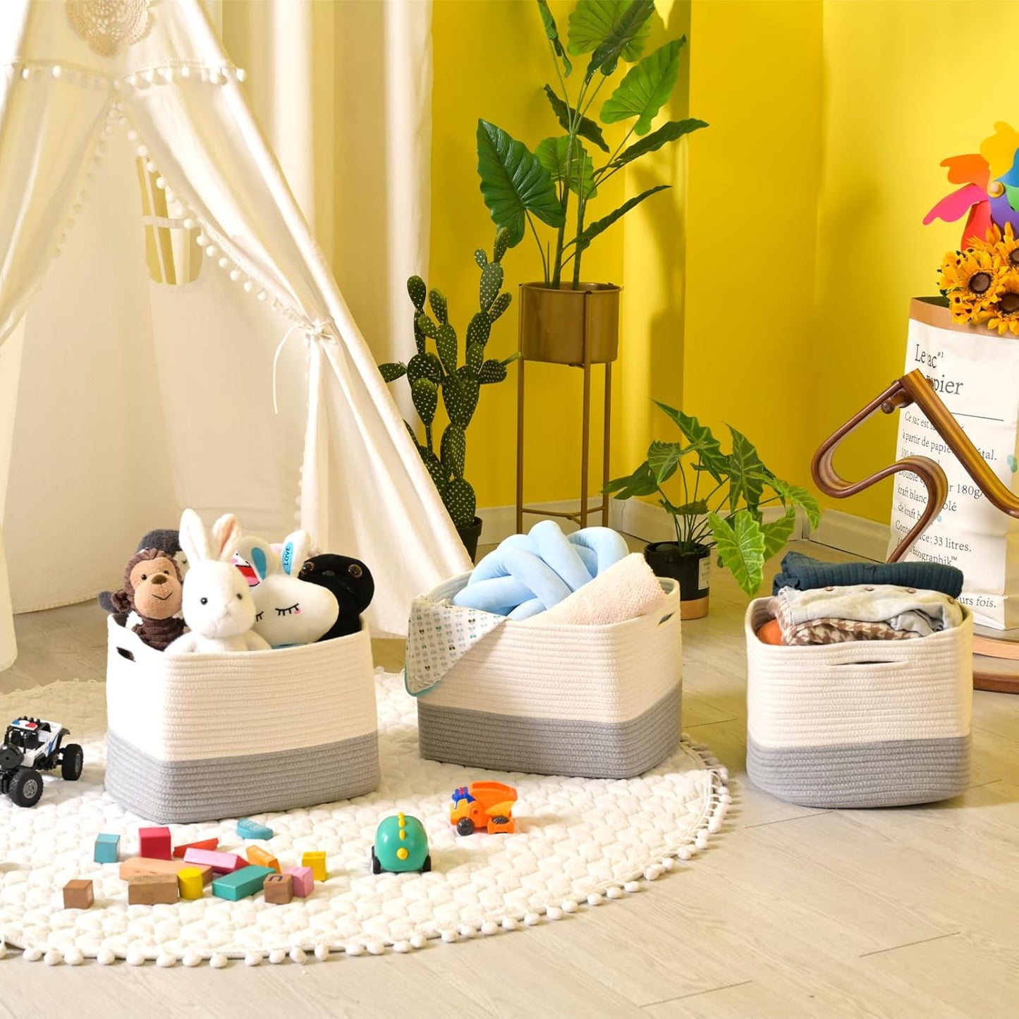 Storage Baskets for Organizing Shelves, Woven Cotton Rope Bins for Baby Nursery Organization, Book Toy Towel Organizer, 15"x11"x9.5", 3 Packs, Off White & Grey