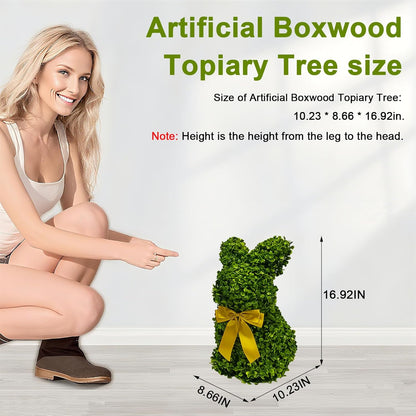 2 Pcs Artificial Bunny Shaped Topiary Trees, Artificial Green Boxwood Bunny Decorations with Gold Bow, Perfect for Indoor & Outdoor Front Porch, Easter& Garden Decor (Bunny Tree Without Base)