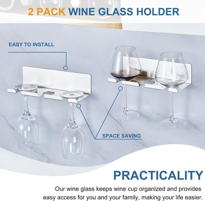 Wine Glass Holder Wine Glass Drying Rack Stainless Steel Hanging Stemware Rack Wall Mounted Adhesive Hanging Wine Glass Organizer Stemware Holder for Bar Restaurant Kitchen 2 Pack