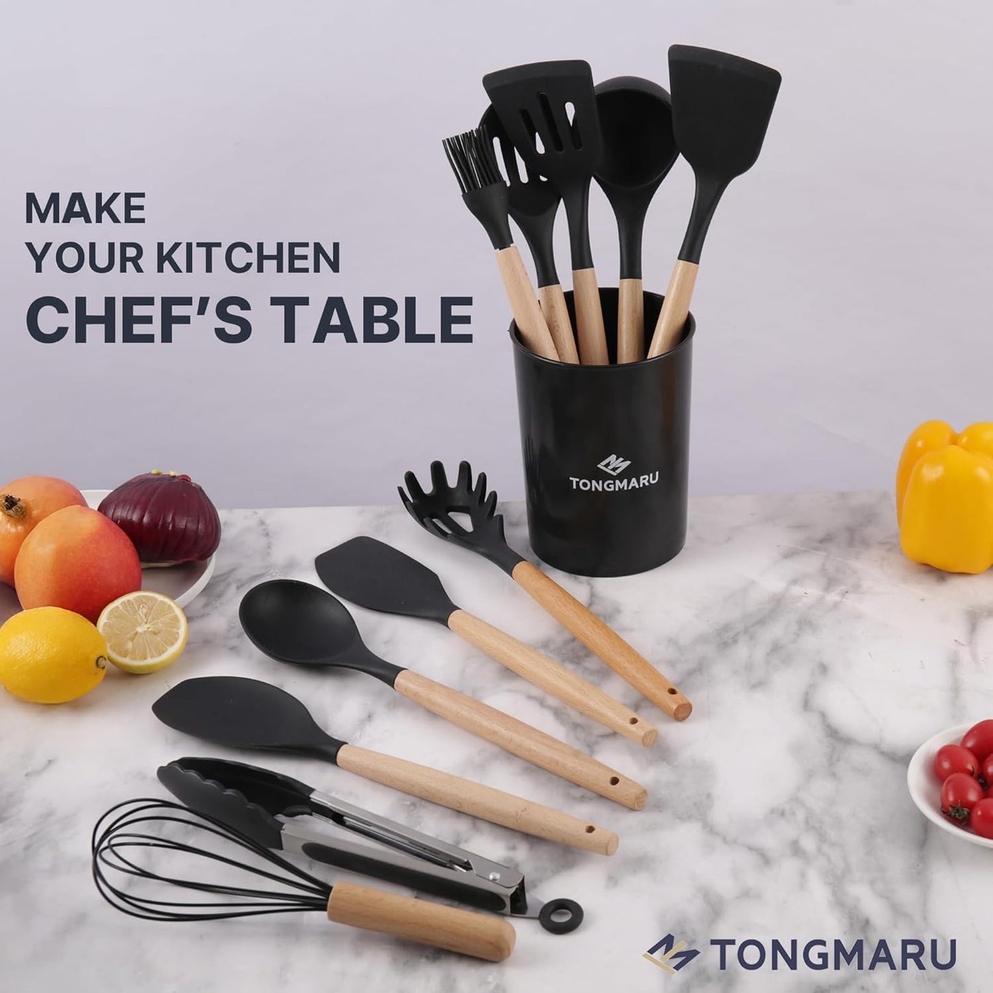 Silicone Cooking Utensils Set, Premium Beech Wood Handle Kitchen Gadgets Utensil Set, Non-Stick Kitchen Utensils Spatula, Tongs, Turner, Whisk, Brush, Spoon, BPA FREE, 446°F Resistant (Black)