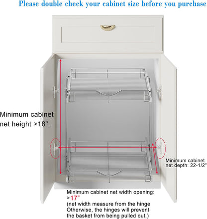 DINDON 2 Tier Pull Out Cabinet Organizer (17" W X 21" D), Double Tier Wire Basket Slide Out Shelf Storage for Kitchen Base Cabinet, Chrome Finish