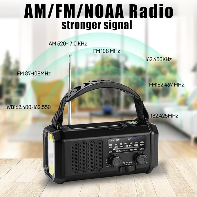10000mAh Emergency Crank Radio,NOAA/AM/FM Weather Radio, Type-C Charge,Solar Charging,SOS, 3 Modes LED Torch, Reading Lamp, Compass for Outdoor Survival(Black)