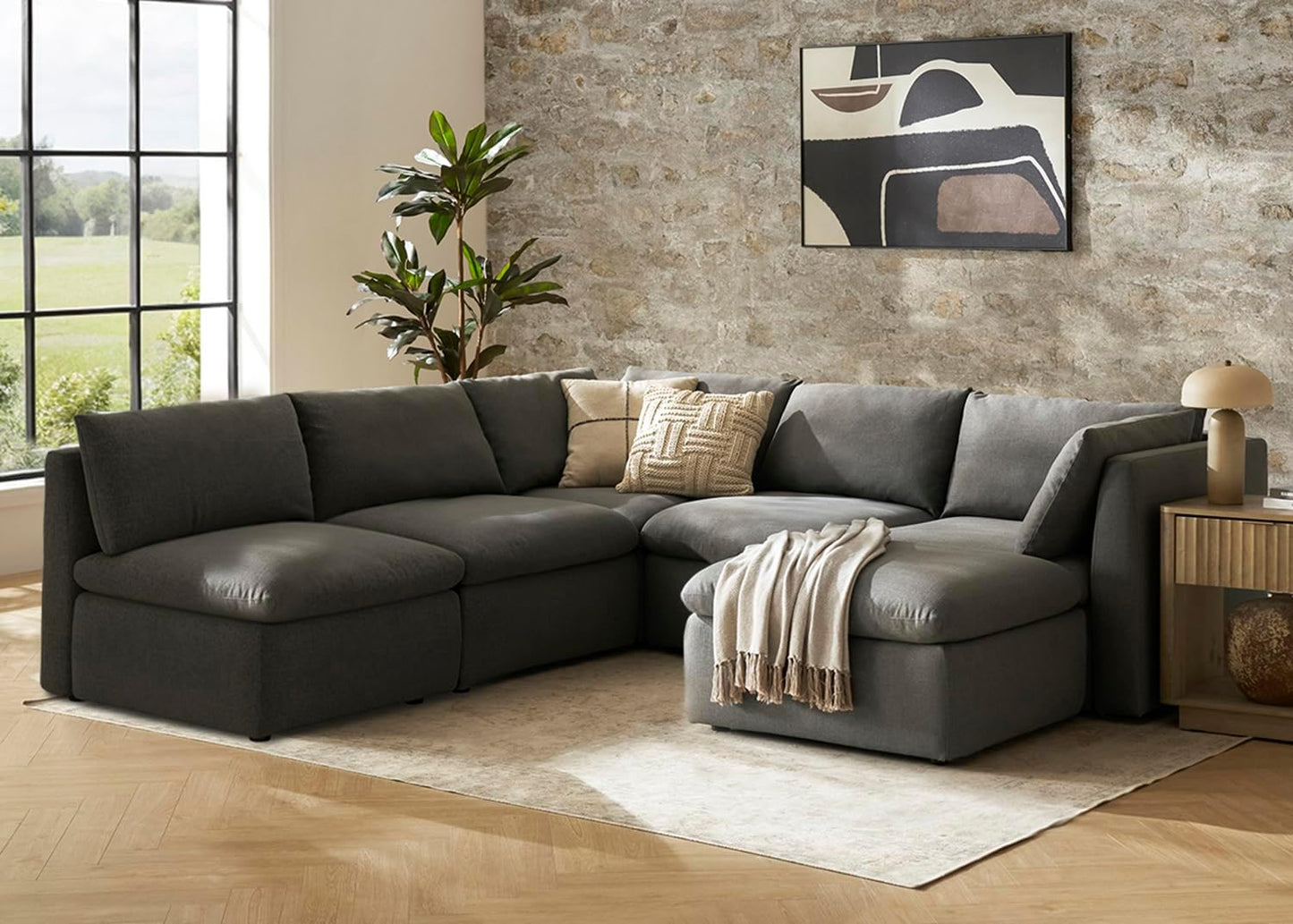mopio Oversized Modular Sectional Sofa with Fully Removable Covers and Storage, Convertible U, L-Shaped and Sleeper Sectional, Modern Couches with Ottoman Chaise (Stone Gray Fabric, 6 Seats, L)