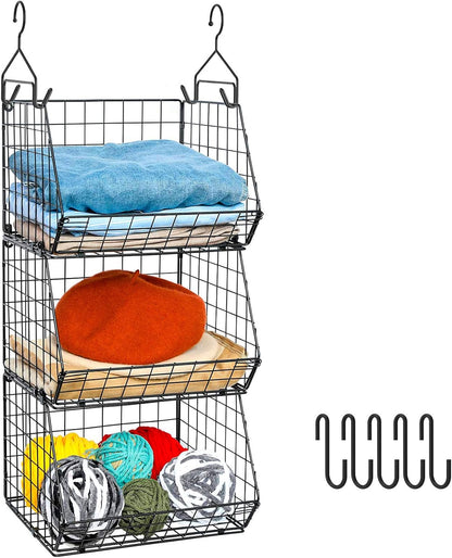 X-cosrack 3-Tier Hanging Storage Organizer for Closet, Laundry & Utility Room | Space Saving Shelves with 1.65" Hook & 5 S-Hooks | Hanging Wire Baskets (12.4" W x 8.8" H x 10.24-11.8" D)