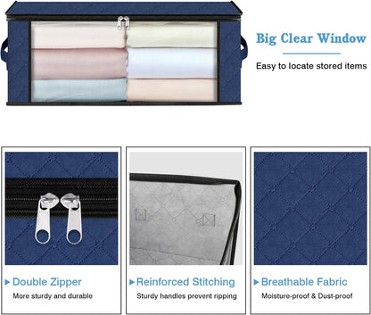 HomeHacks Storage 3-Pack Clothes Organizer Storage Bags Foldable Storage Box with Large Clear Window Sturdy Handles for Closet, Dorm, Pillows, Bedding, Clothes, Blankets, 35L, Blue
