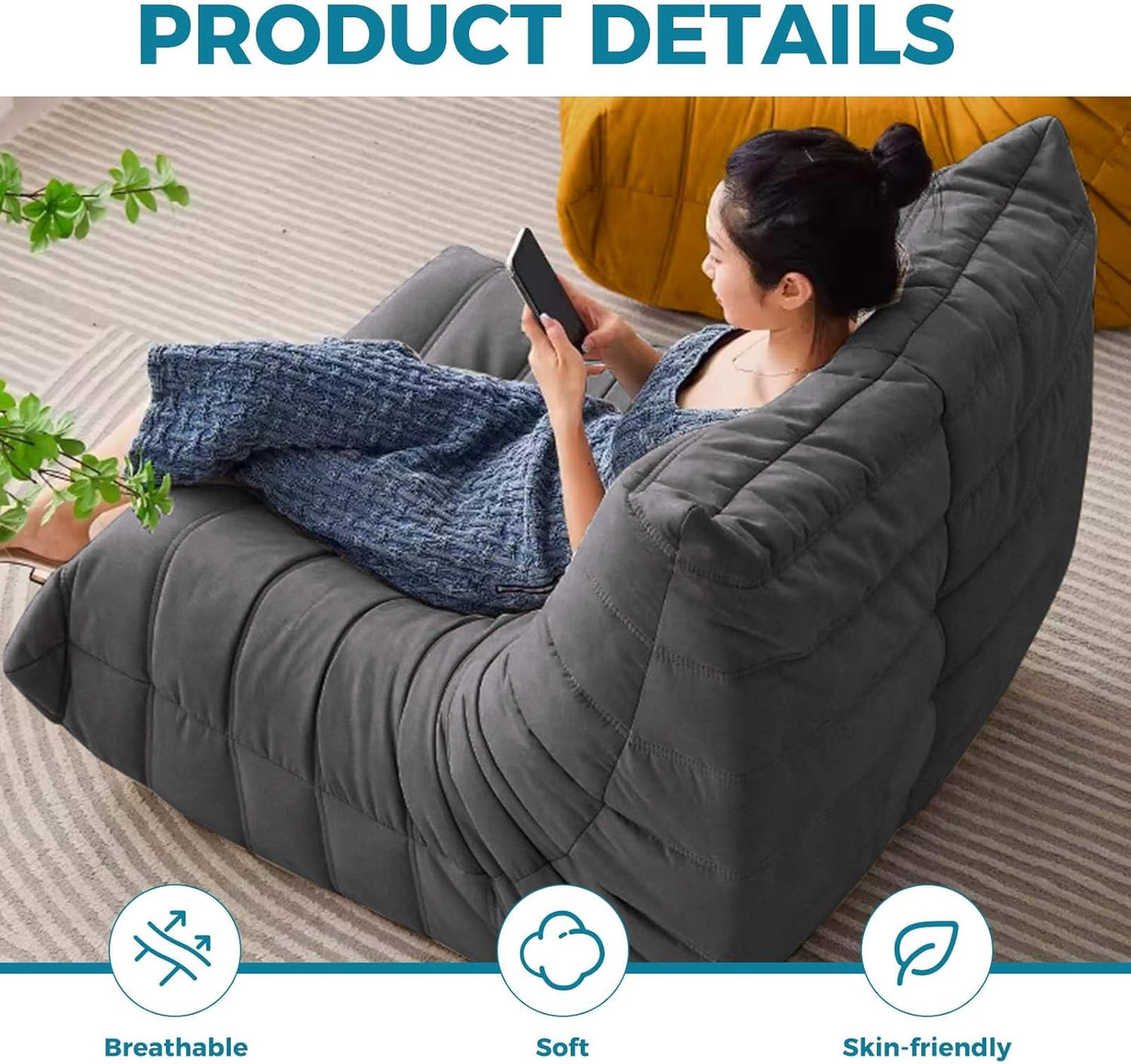 Modern Living Room Chair, Big Bean Bag Adult Floor Sofa, Togo Recliner Memory Foam Lazy Couch Suitable Balcony for Fireside Chair (Dark Grey)