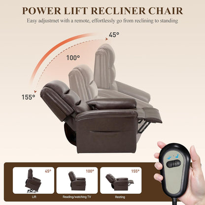 COLAMY PU Leather Electric Power Lift Chair,Lift Recliner Chair with Thick Cushioned Padding Backrest for Living Room, Office, Bedroom （Darkbrown）
