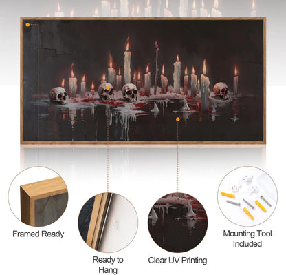 Aurlan Gothic Bloody Skull and Candles Framed Wall Art(40"x20"), Large Horror Dark Academia Halloween Skeleton Canvas Artwork, Modern Goth Spooky Creepy Ghost Decor for Home Office Bedroom