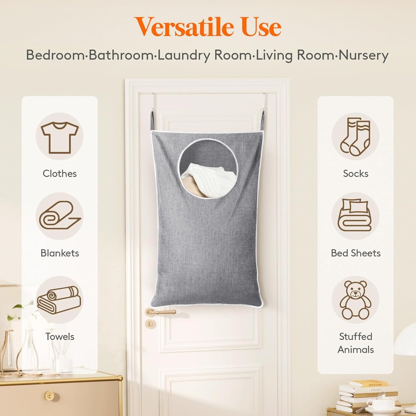 Lifewit Over Door Laundry Hamper, Large Collapsible Hanging Laundry Hamper, Hanging Laundry Basket Bag for Bathroom Bedroom Dirty Clothes Storage Organizer, Light Gray