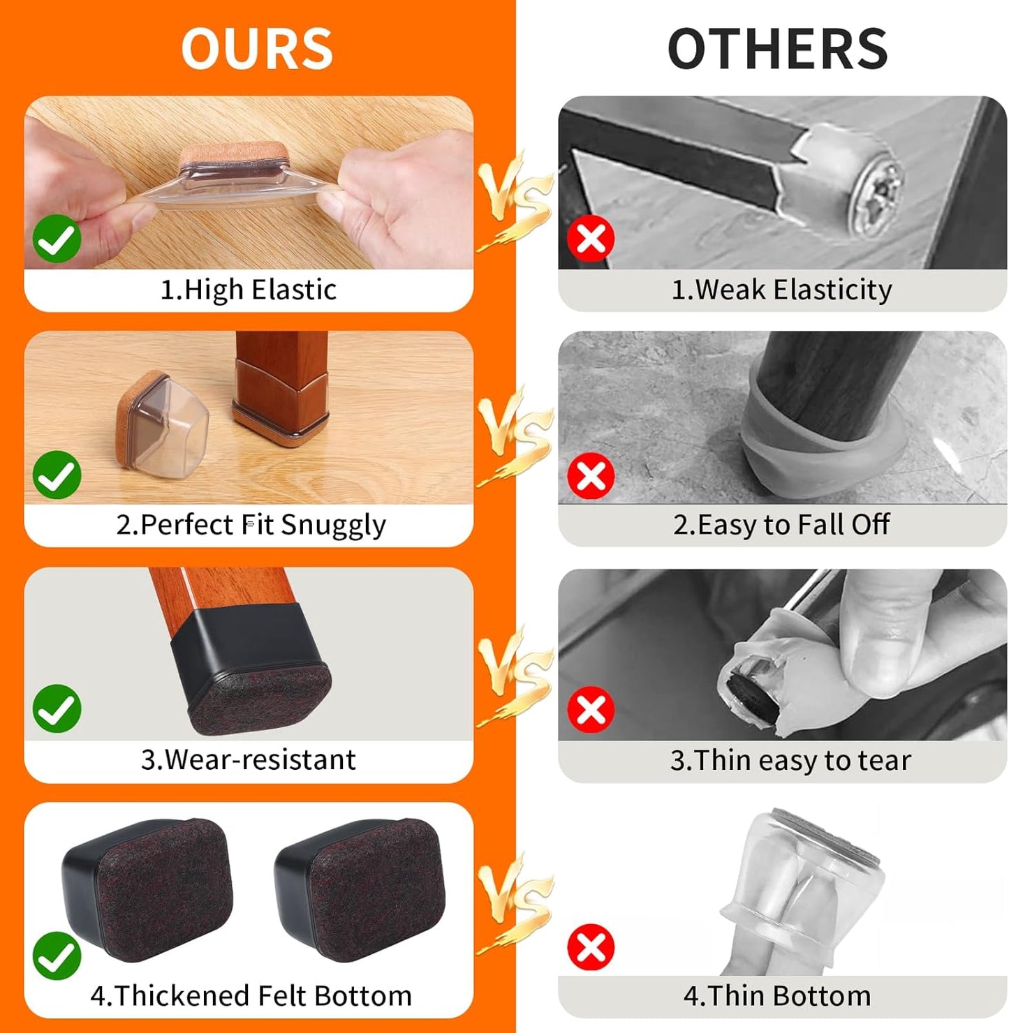 Ezprotekt 8 Pcs Rectangle Black Silicone Chair Leg Floor Protectors with Felt, Rectangle Chair Leg Caps, Furniture Leg Covers Cups for Chair Table Desk (Fit L :1.3-1.7", W: 0.9-1.2")