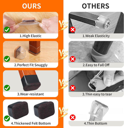Ezprotekt 8 Pcs Rectangle Clear Silicone Chair Leg Floor Protectors, Rectangle Felt Felt Furniture Pads Caps Covers for Chair Table Desk, Anti- Scratches and No Noise (Fit L :1.3-1.7", W: 0.6-0.9")