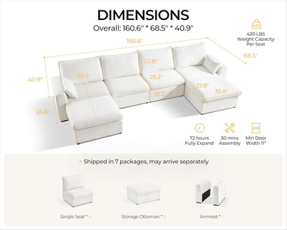 Oversized Modular Sofa Comfy Cloud Couch with Storage, Extra Deep Plush Sectional Sofa Set for Living Room, Covers Washable, Chenille, Olar (White, 6-Seater with 2 Ottomans, u-Shaped)
