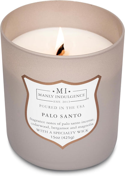 Manly Indulgence Palo Santo Scented Candles for Men, 15 oz Wooden Wick, Premium Soy Blend Wax, 60H Burn, Candles for Home Scented - Made in The USA