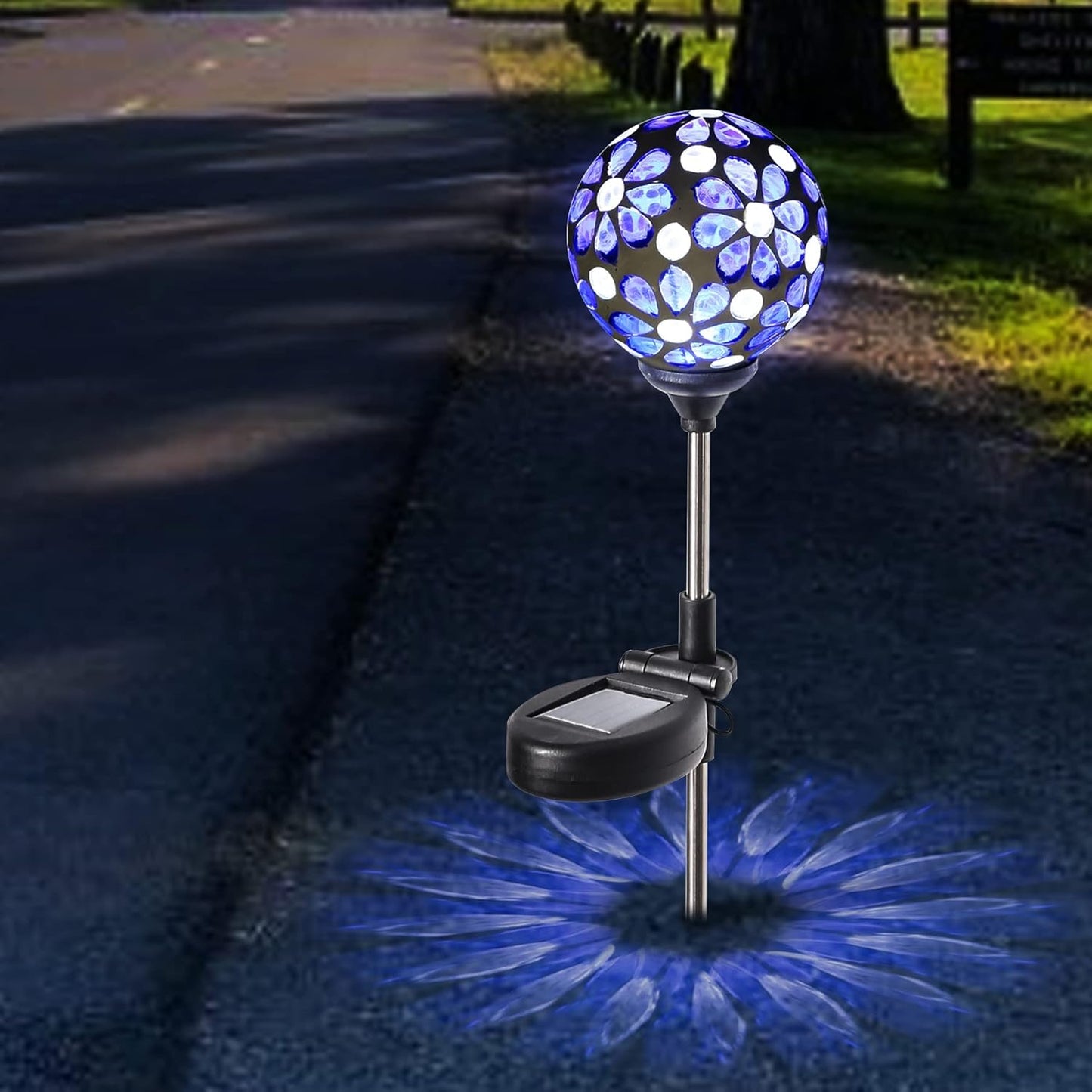 WNP Solar Garden Decorative Stakes Blue Outdoor Waterproof Mosaic Solar Powered Flower Petal Ball Light Colorful Glow for Yard Pathway Great Gift for Mom and Girls