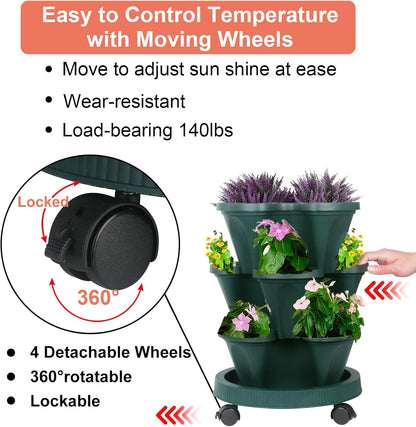 DUNCHATY Stackable Planter, Vertical Garden Planter with Wheels and Tools, Self Watering Strawberry Planter Indoor/Outdoor 3 Tier Herb Planter Pots for Growing Vegetables and Succulents,Pine Green