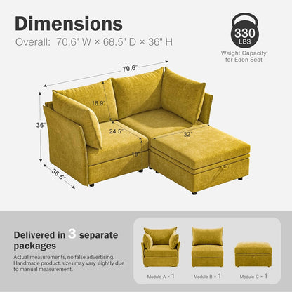Luxury Modular Sectional Sofa, L-Shaped 3-Seat Couch with Storage Ottoman Deep Seat & Reversible Chaise Lounge Chenille Yellow for Compact Spaces, Apartments, Dorm