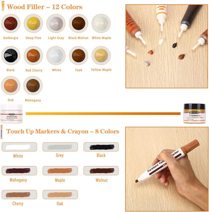 Lifreer Wood Repair Kit, 42 Pcs Furniture Repair Kit - Wood Filler, Touch Up Marker, Wood Putty, Wood Crayon for Scratch, Cracks, Stains, Discoloration for Wooden Door, Floor, Table, Cabinet