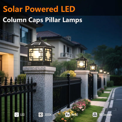 SLAWA 9.8In Solar Lighting Lantern Outdoor Post Caps Light with Solar Powered LED Column Lamp Black Square Waterproof Pillar Lamp Outside Housing Landscape Lighting Fence Deck Mailbox Pedestal Lantern