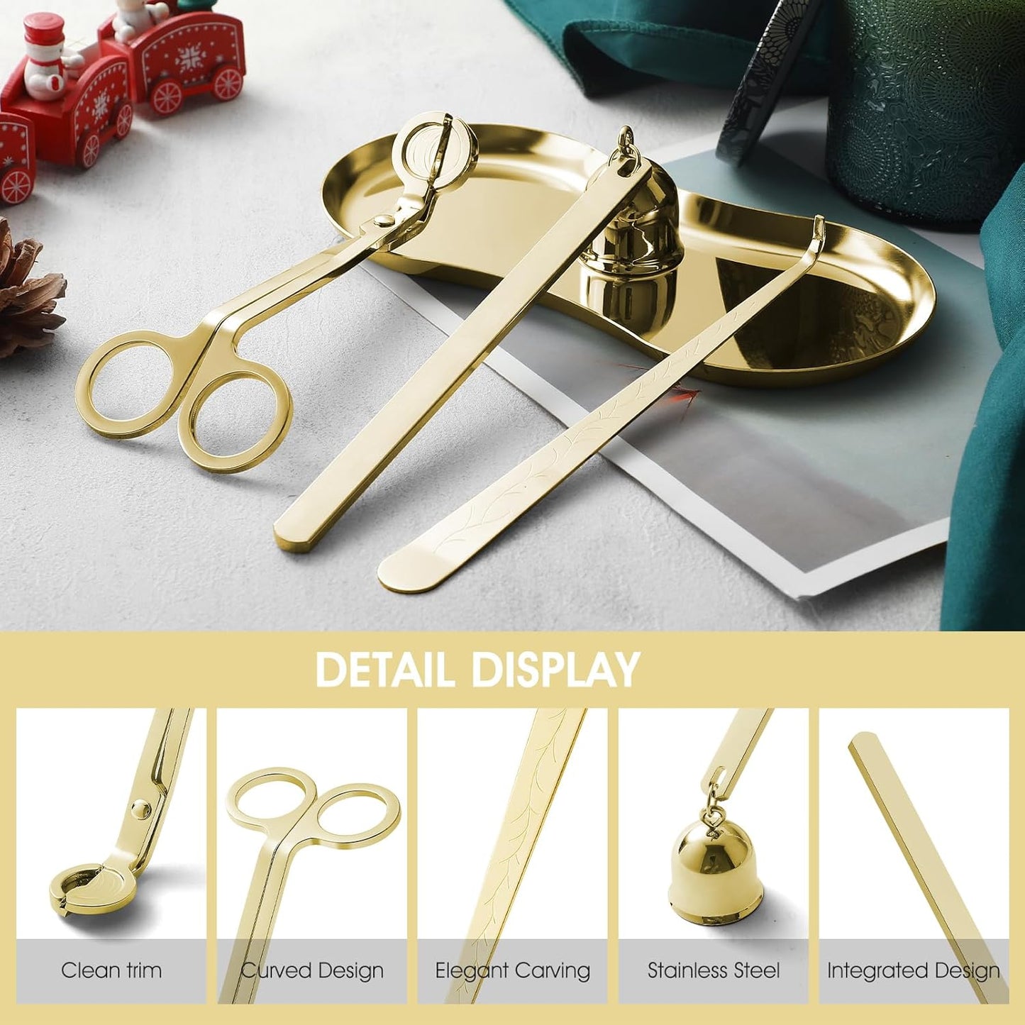 PATOISE 4 in 1 Candle Accessory Set, Candle Wick Trimmer Cutter, Candle Snuffer, Candle Wick Dipper, Tray Holder in Gift Package for Candle Aromatherapy Lovers(Mini 4PCS Gold)