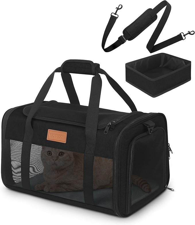 PETUX Cat Travel Carrier with Litter Box - 17"x11"x9.5", TSA Airline Approved, Underseat, Soft Sided Pet Carrier for Small Cats Under 12 lb with Safety Zipper, Anti-Scratch Mesh - Black