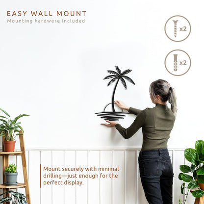 Metal Palm Tree with Sunset Wall Art, Large Outdoor Wall Decor, Tropical Beach Decor for Living Room, Bedroom, Garden Home Wall Sign, Perfect Metal Wall Art for Beach House (Black, 24 x 19 inches)