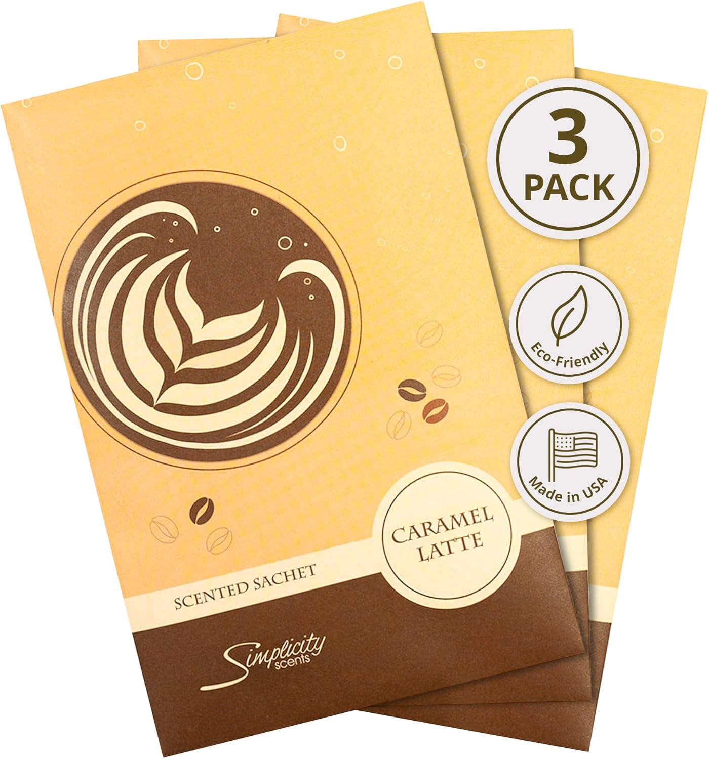Floral Simplicity Caramel Latte Scented Sachets Pack of 3, Fall & Winter - Long-Lasting Scented Bags, Home Fragrance, Air Freshener & Deodorizer for Closet, Room, Drawer, or Cars, Made in The USA