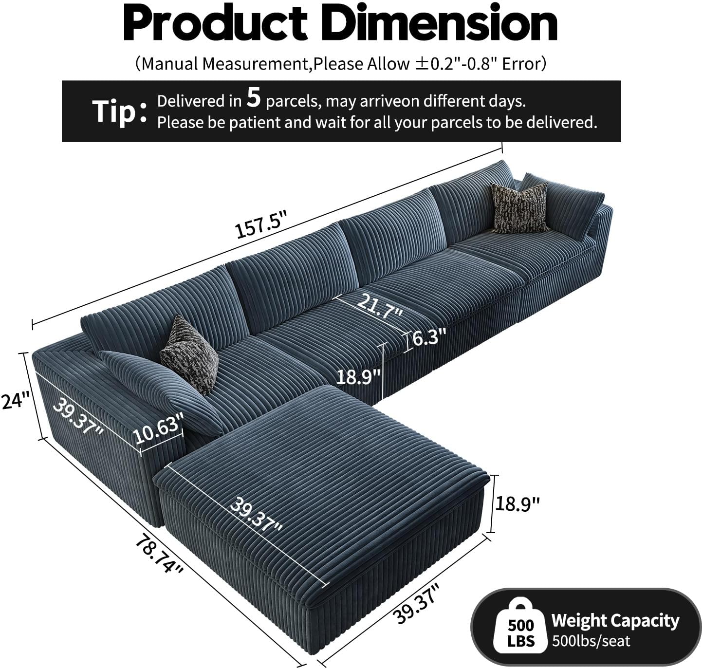 157.5" Cloud Couch Modular Sectional Sofa for Living Room,Modern Sofa with Deep Seat，L-Shape Boneless Couch with Ottoman,Comfy Upholstered Corduroy Couches for Apartment, Studio, Office,Bedroom，Blue