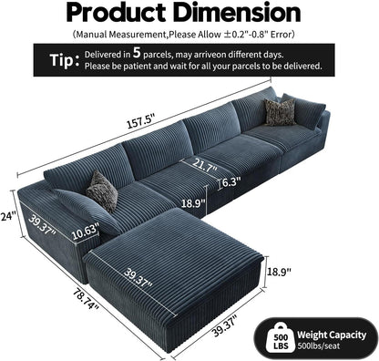 157.5" Cloud Couch Modular Sectional Sofa for Living Room,Modern Sofa with Deep Seat，L-Shape Boneless Couch with Ottoman,Comfy Upholstered Corduroy Couches for Apartment, Studio, Office,Bedroom，Blue