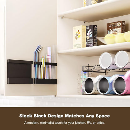 Magnetic & Adhesive Straw Organizer – Carbon Steel Utensil Holder for Reusable Straws, Chopsticks & Stirrers – Wall or Fridge Mount, Space-Saving Black Storage Rack