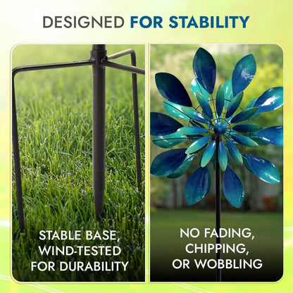Large Wind Spinners - Decorative Garden Whirligigs - Durable Metal Flower Art - Ideal for Yard Decor and Gifts - Outdoor Accessories - Designed for Patios & Landscapes Blue 24"W x 84"H