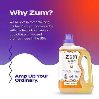 Zum Laundry Soap by Indigo Wild - Liquid, Plant-Based Soap with Baking Soda, Essential Oils, Coconut Oil & More - Wash Up to 64 Loads - Sweet Orange - 64 fl oz (2 Pack)