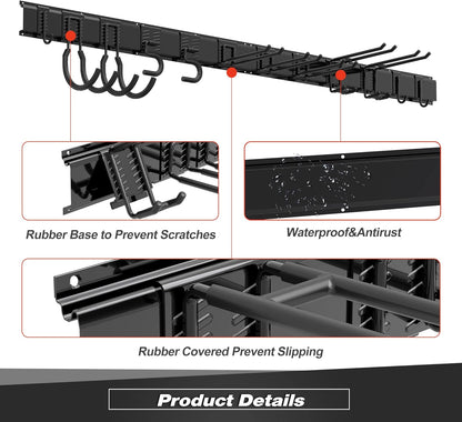 Garage Tool Storage Rack, Heavy Duty Garage Storage Organizer Rack System Wall Mounted Tool with 12 double hooks, 4 rails Garden Tool Rack