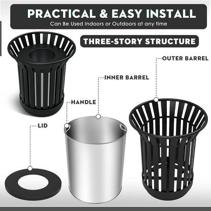 17Gallon Round Large Outdoor Trash Can, Heavy Duty Metal Slatted Garbage Can Outdoor, All Weather Resistant Commercial Garbage Cans, Waste Receptacle in Park, School, Beach, Patio (Black, Large)