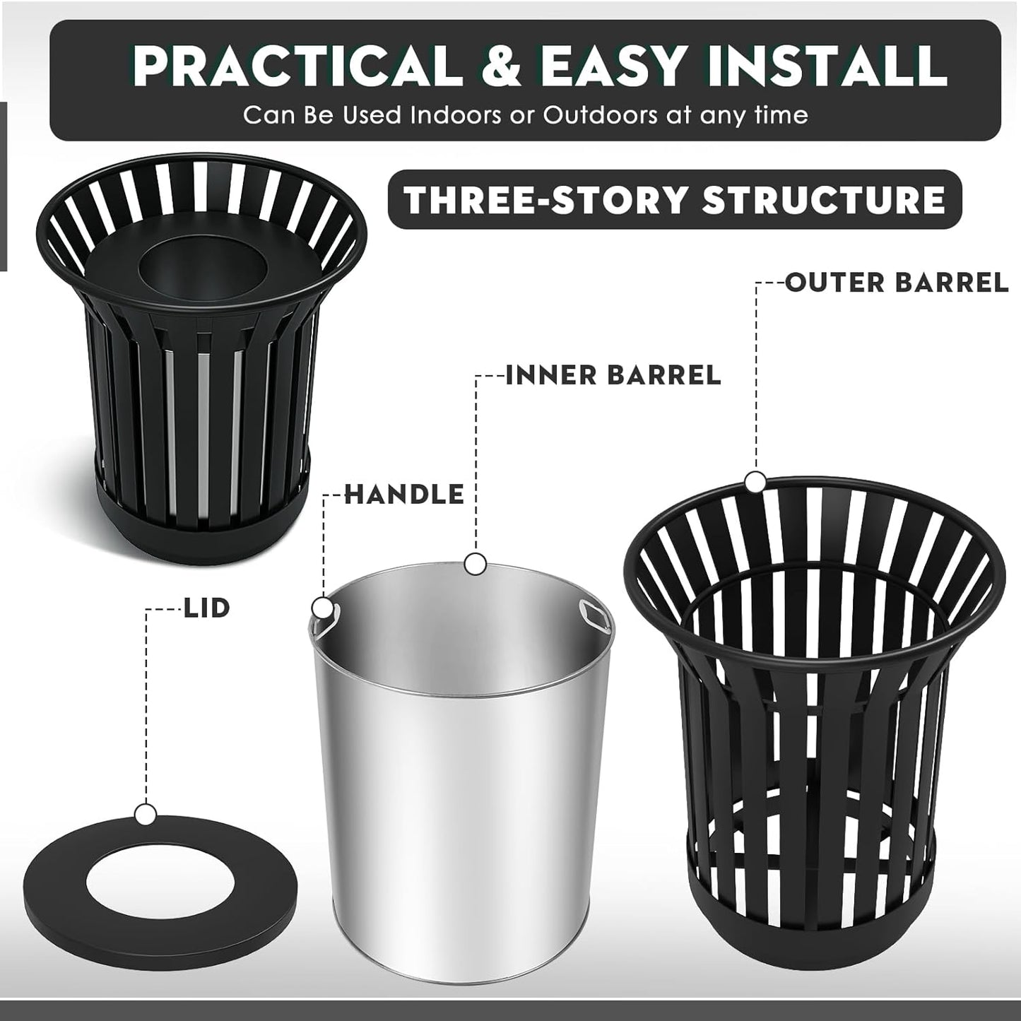 8Gallon/30L Commercial Outdoor & Indoor Metal Trash Can, Outdoor Slatted Trash Receptacle with Metal Linner, All Weather Resistant Large Outside Zone Round Garbage Bin for Street, Park, School - Black