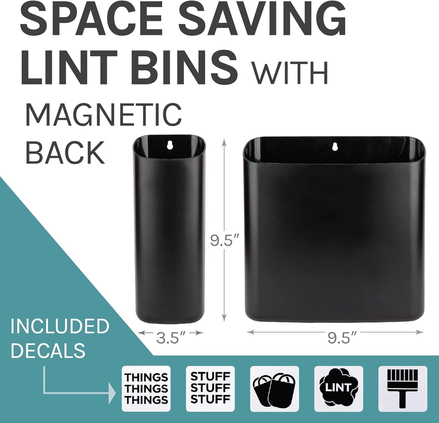 JS Jackson Supplies Black Lint Bin with Magnetic Back (Set of 2), Large and Small Space Saving Trash Bins and Organizers for Laundry Room and Kitchen, Wall Mountable
