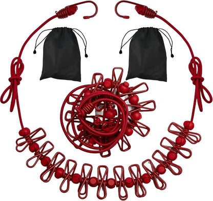 2 Pack Camping Clothesline Portable 12 Clothespins, Red Camping Accessories Travel Clothesline for Outdoor Indoor, Retractable Clothes Line Elastic Clothesline for Camper Hotel Room