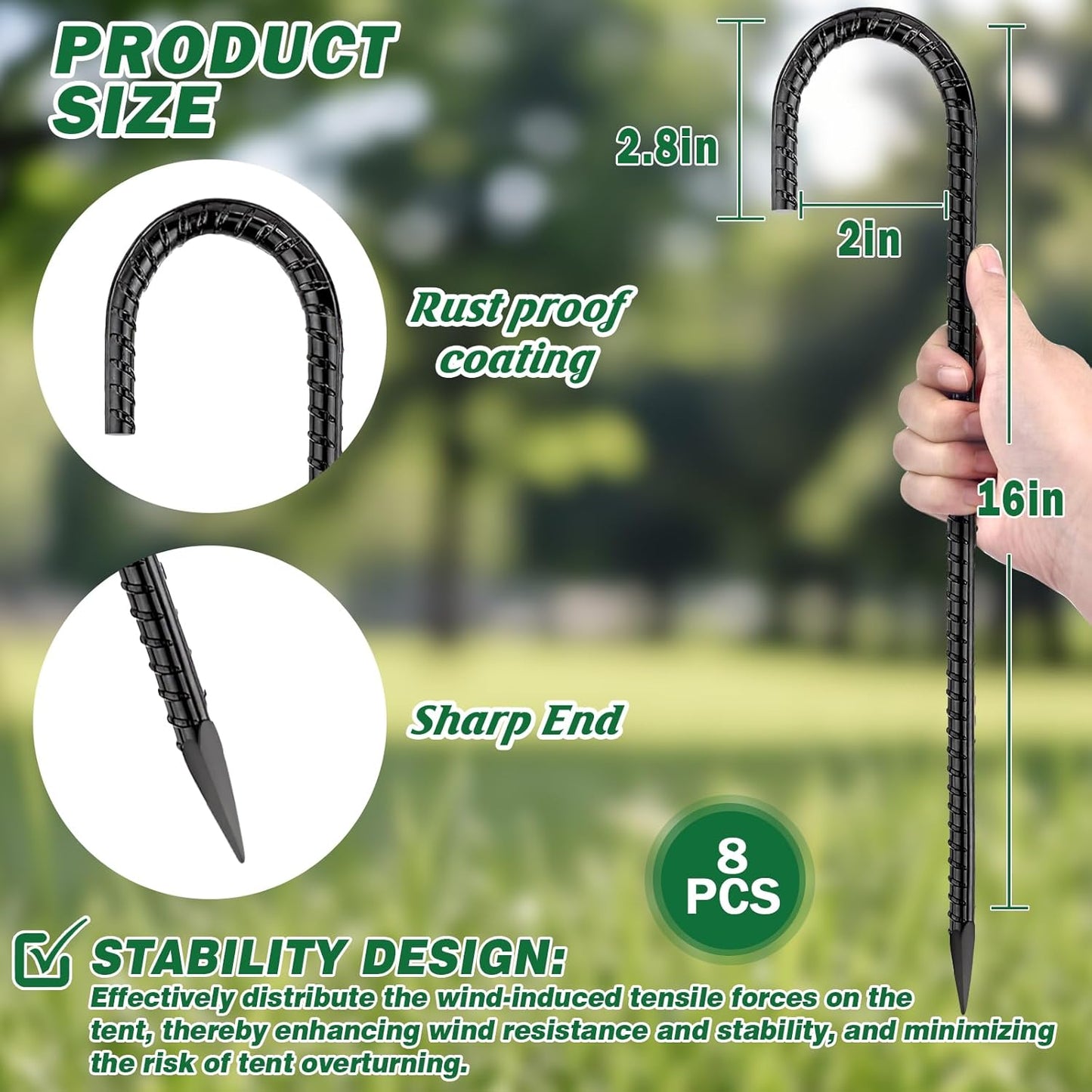 16 Inch Ground Stakes Heavy Duty,16 Pack Metal Fence Stakes for Ground for Wire Fencing,Heavy Duty Long Tent Stakes for Trampolines Camping Canopies and Swing Set